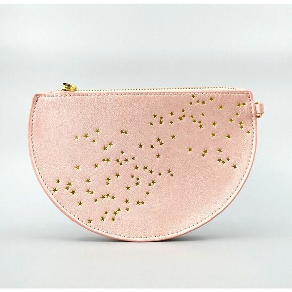 Anthropologie Pouch Half Moon Pink Gold Tone Stars Vegan Bag Celestial Ethereal - Picture 1 of 12